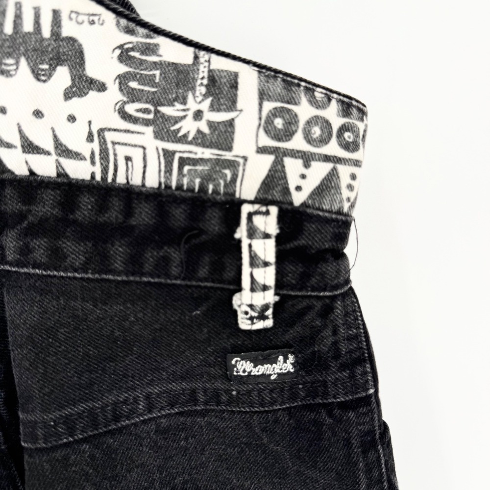 Wrangler Vintage 80s Printed Short Overalls Made in USA Retro Black Sz 11  Artsy - Picture 8 of 9